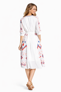 Mexican Embroidered Peasant Chiffon Midi Dress in White