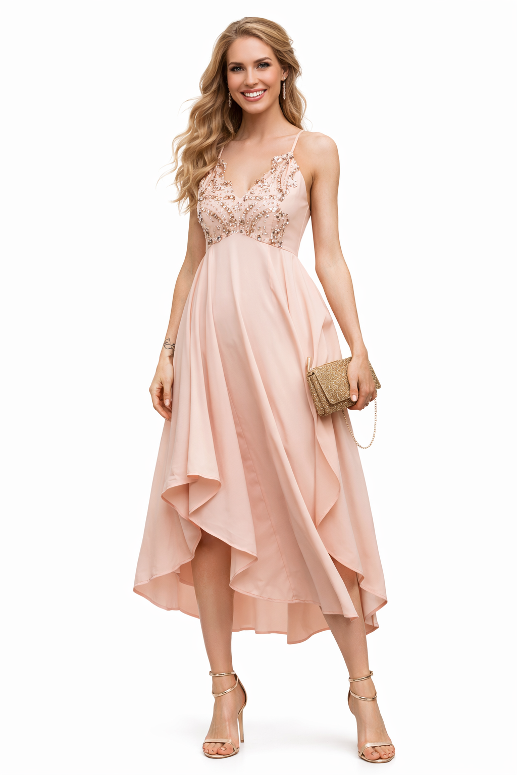 Spaghetti Crisscross Back Strap Sequin Asymmetric Party Dress