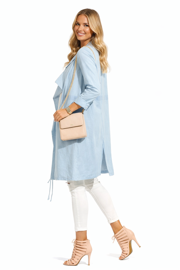 Chambray Open Front Drape Long-line Jacket