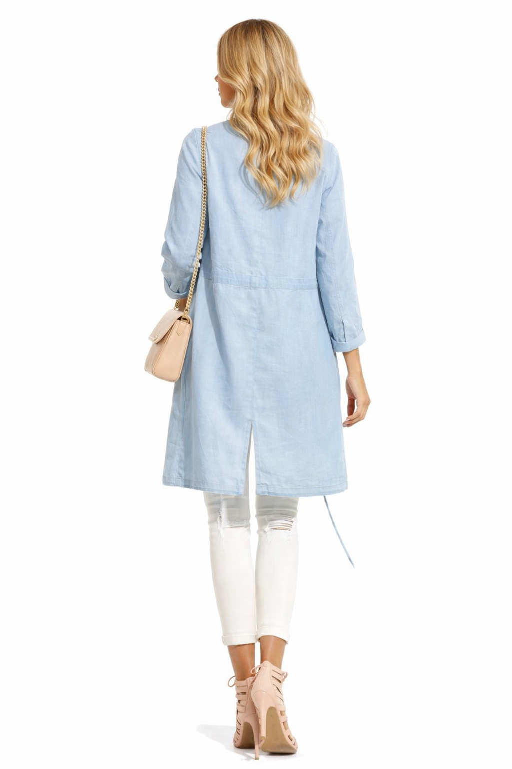 Chambray Open Front Drape Long-line Jacket