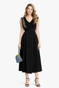 Naomi Floral Embroidered Plunging Neck Calf-length Dress