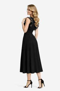 Naomi Floral Embroidered Plunging Neck Calf-length Dress