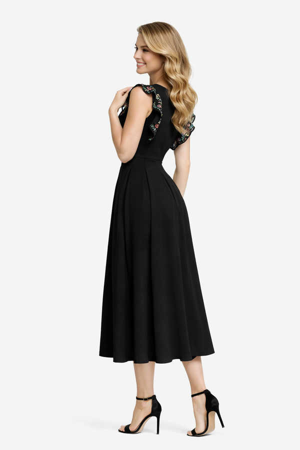 Naomi Floral Embroidered Plunging Neck Calf-length Dress