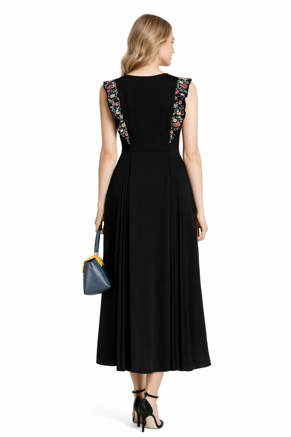 Naomi Floral Embroidered Plunging Neck Calf-length Dress