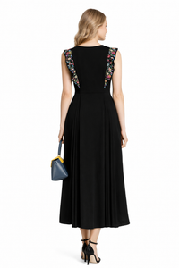 Naomi Floral Embroidered Plunging Neck Calf-length Dress