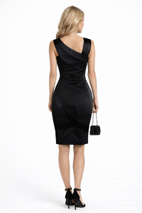 Two-tone Asymmetric Neckline Little Black Sheath Dress