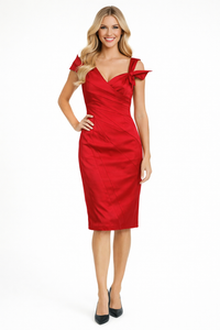 Liz Red Satin Folded Cocktail Midi Dress