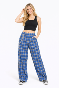 Kaia High Waist Wide Leg Check Pants with Chain