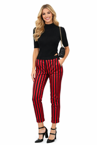 Kaia Chic Knit Black Top & Vertical Striped Cigarette Pants