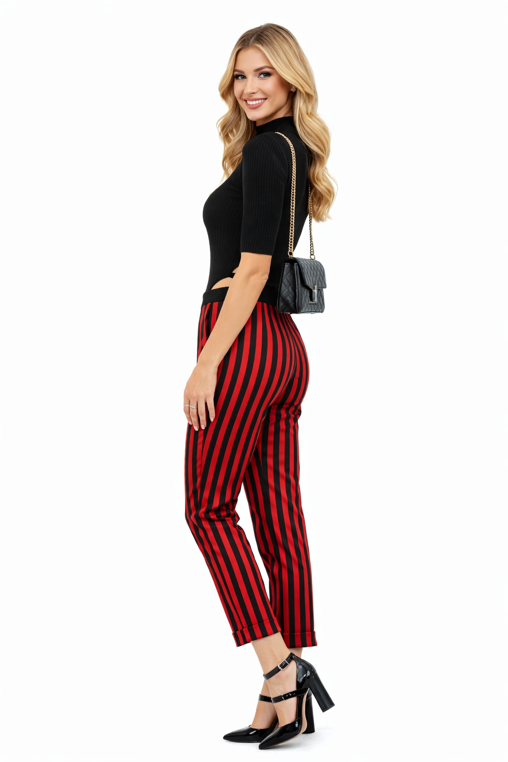 Kaia Chic Knit Black Top & Vertical Striped Cigarette Pants