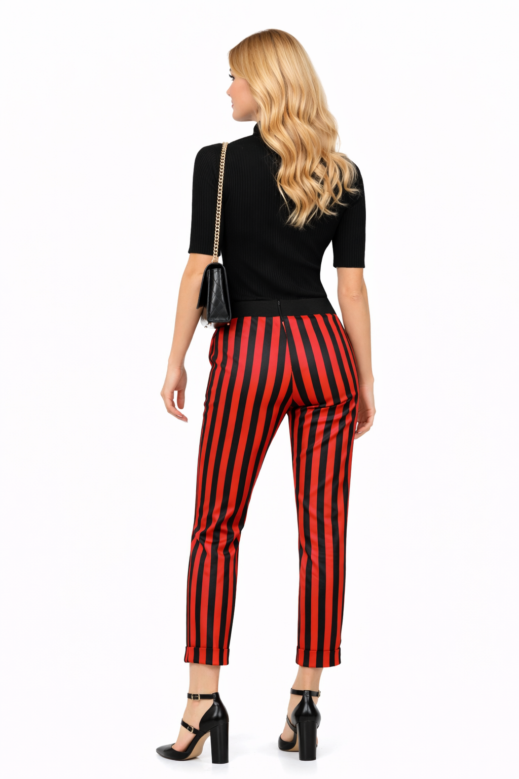 Kaia Chic Knit Black Top & Vertical Striped Cigarette Pants