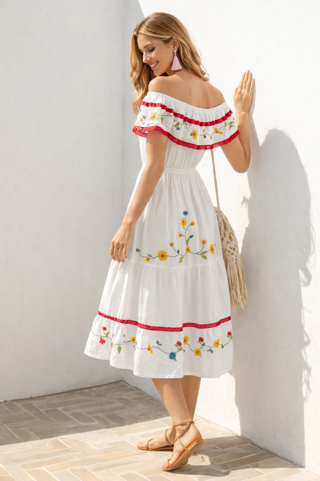 Off Shoulder Ruffle Floral Embroidered Dress in White