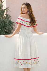 Off Shoulder Ruffle Floral Embroidered Dress in White