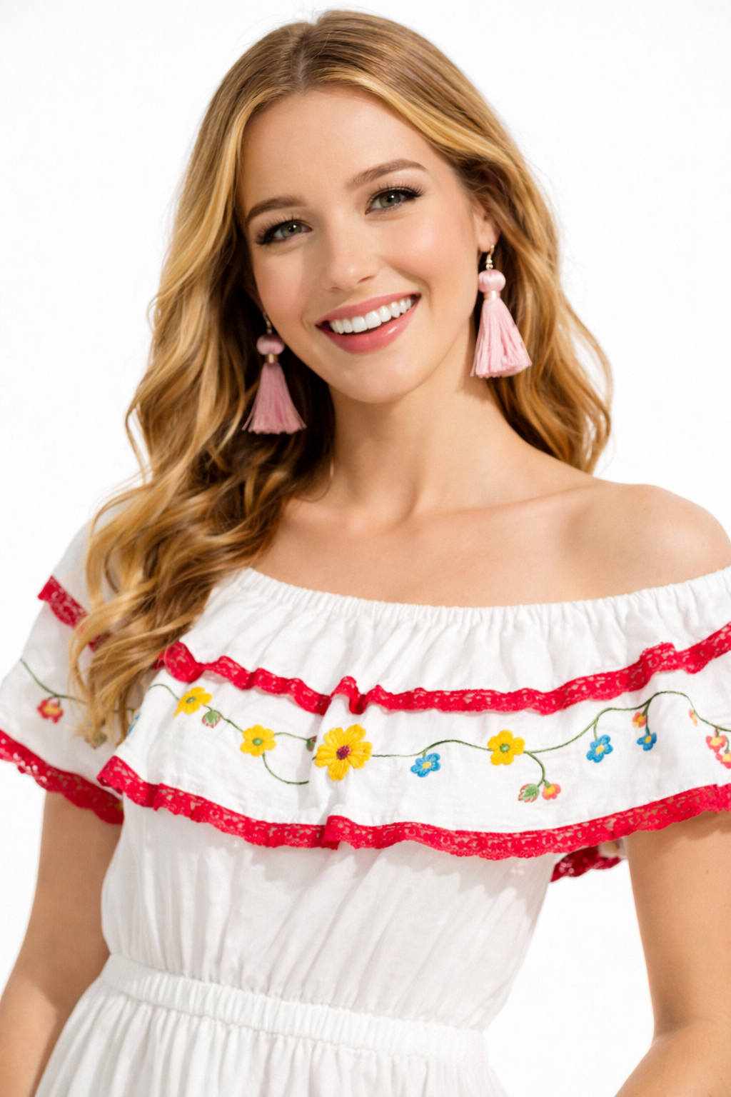 Off Shoulder Ruffle Floral Embroidered Dress in White