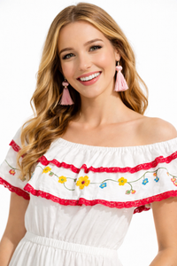 Off Shoulder Ruffle Floral Embroidered Dress in White