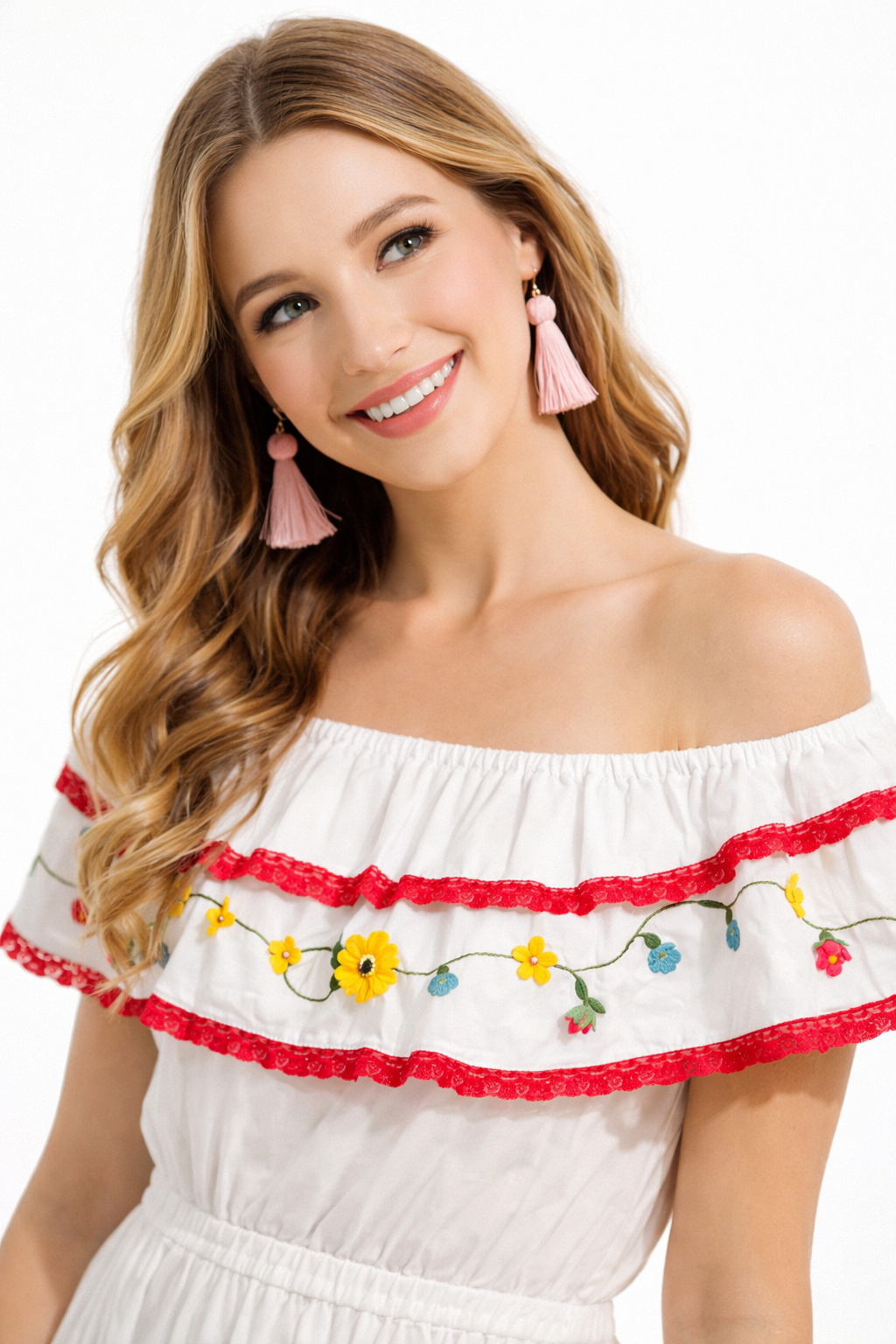 Off Shoulder Ruffle Floral Embroidered Dress in White