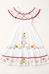 Off Shoulder Ruffle Floral Embroidered Dress in White