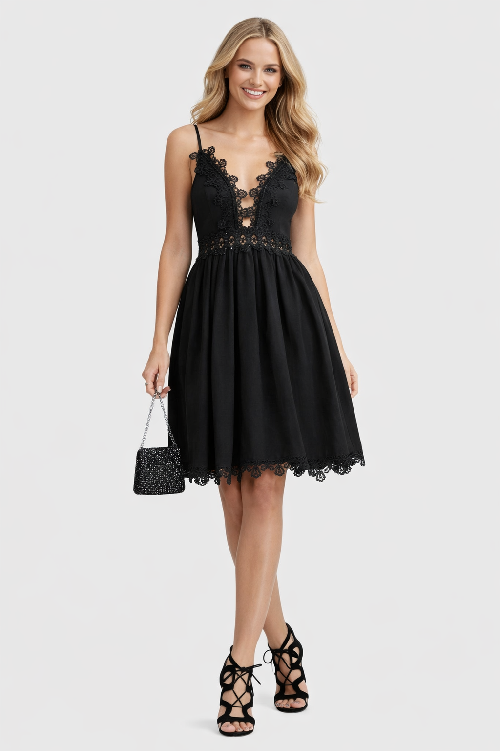Rosie Cotton Crochet Backless Plunge Neck Party Dress in Black
