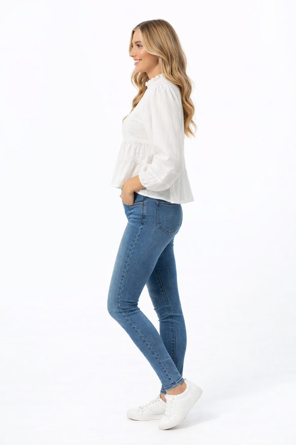 100% Cotton Ruffled High-Neck Blouse with Lace Insert & Puffed Sleeves