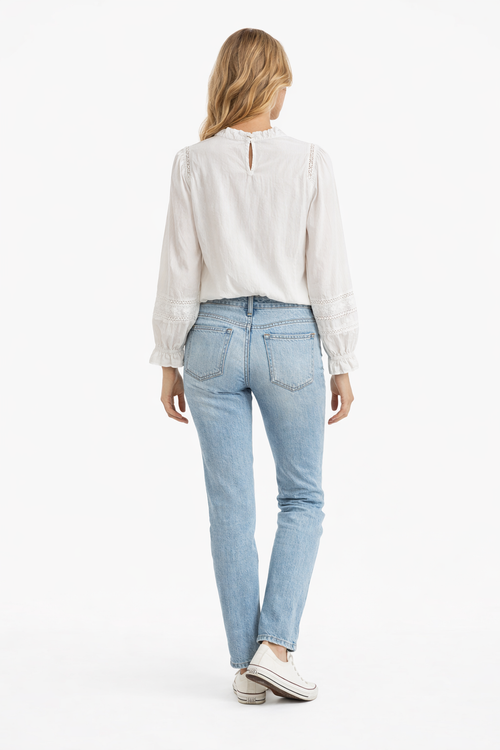 100% Cotton Ruffled High-Neck Blouse with Lace Insert & Puffed Sleeves