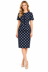 Amal Clooney Inspired Navy Polka Dot Peplum Jacket & Pencil Skirt Set