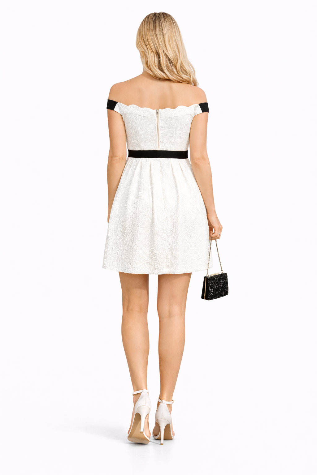 EMMA Scalloped Off Shoulder Party Dress in Off White
