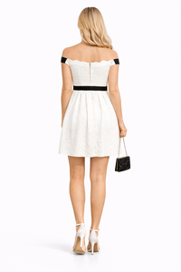 EMMA Scalloped Off Shoulder Party Dress in Off White