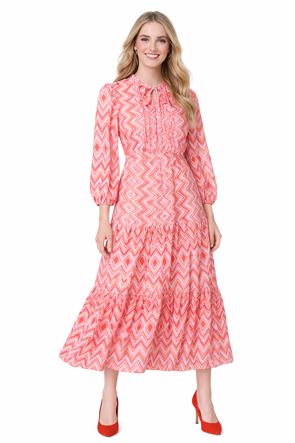 Paris Hilton Geo Printed Elbow Sleeve Fit-and-Flare Tiered Dress