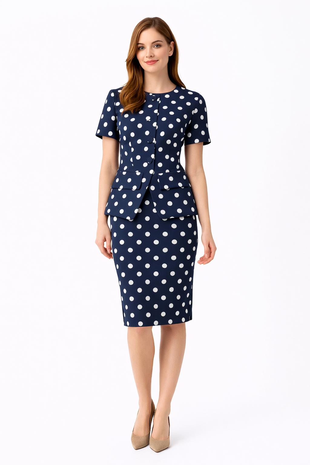 Amal Clooney Inspired Polka Dot Peplum Skirt and Jacket Set