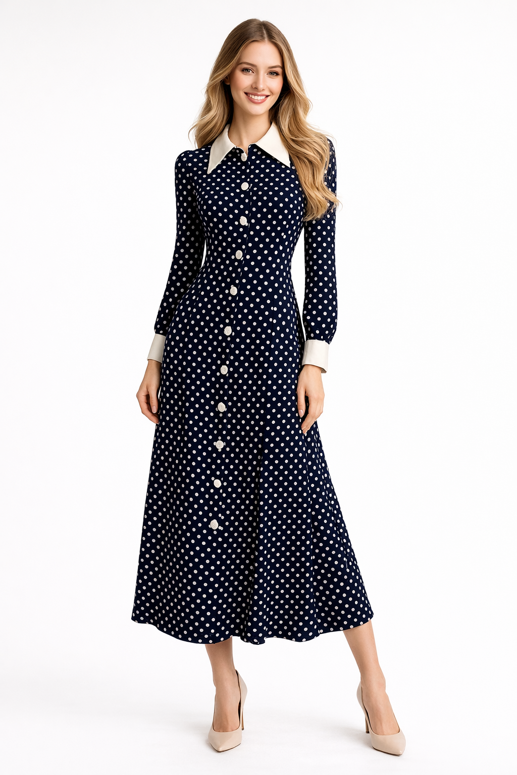 Ivanka Navy Button-Down Polka Dot Midi Shirt Dress