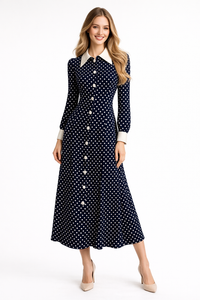 Ivanka Navy Button-Down Polka Dot Midi Shirt Dress