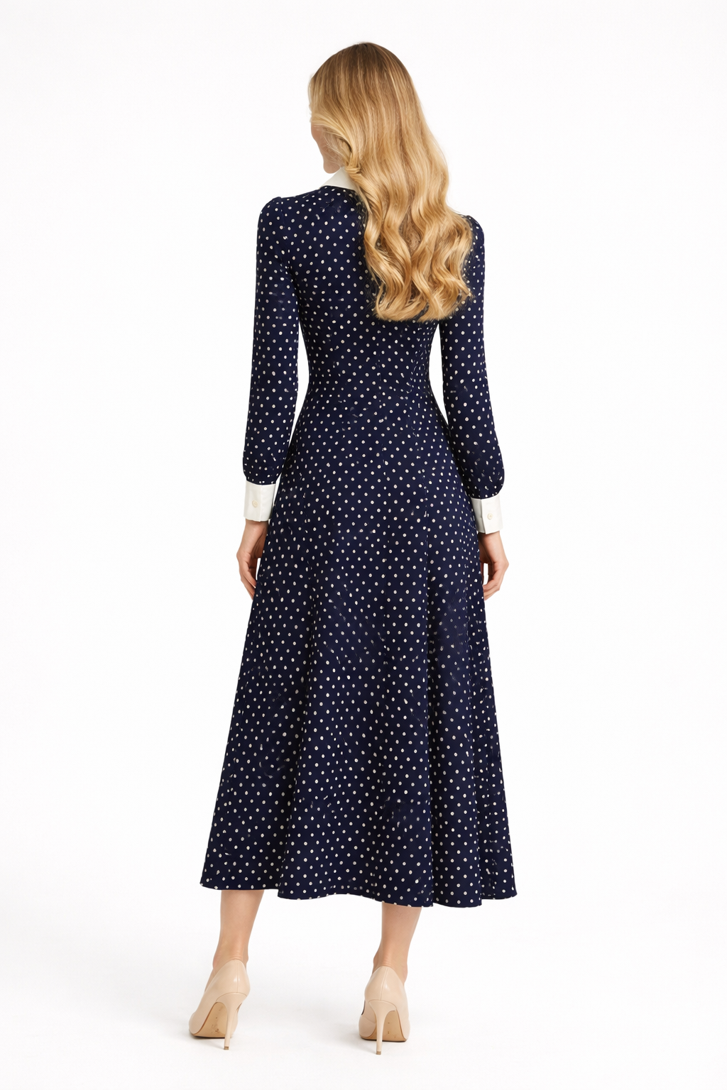 Ivanka Navy Button-Down Polka Dot Midi Shirt Dress