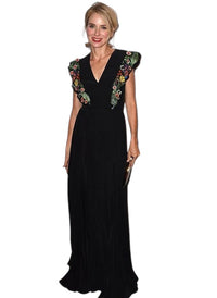 Naomi Floral Embroidered Plunging Neck Calf-length Dress