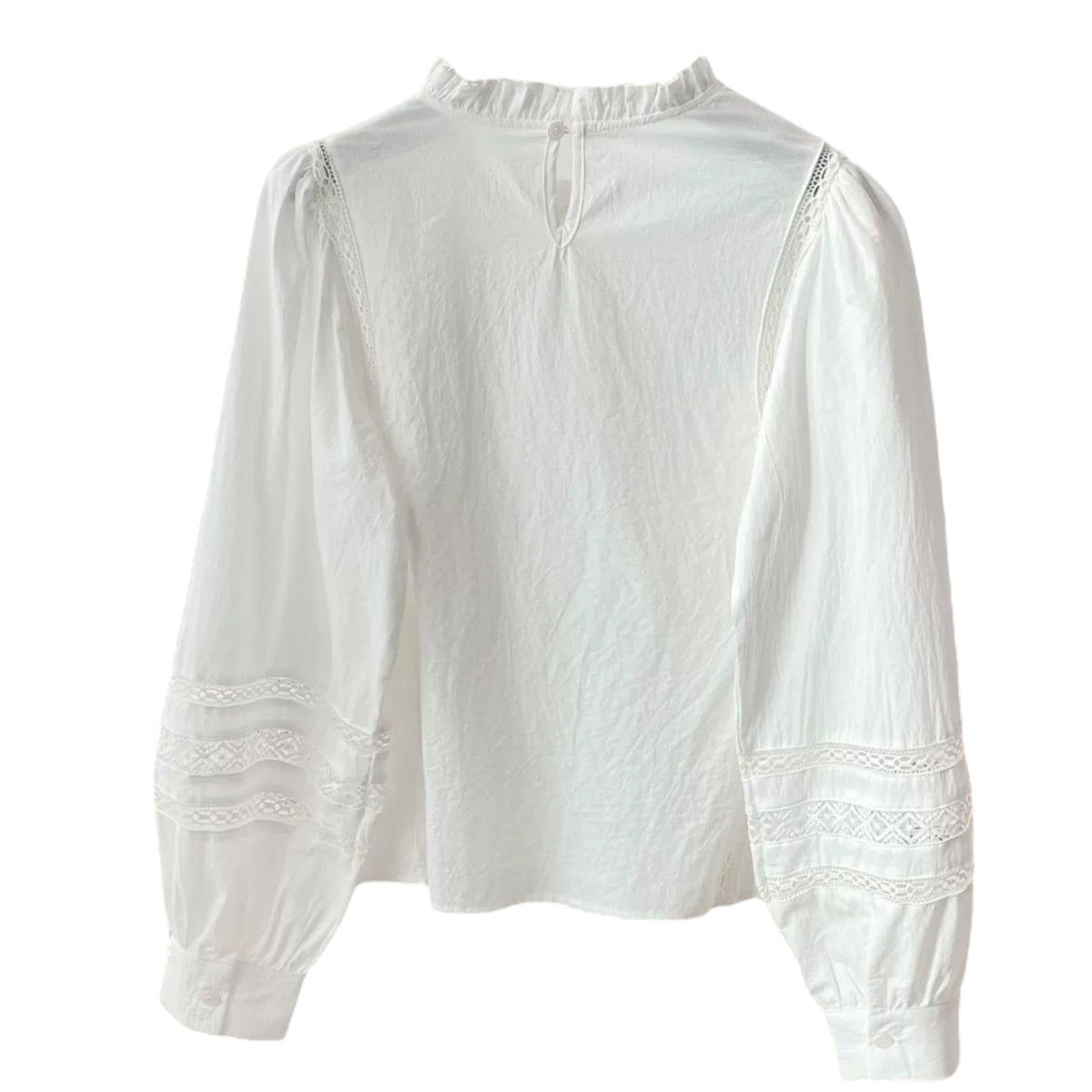 100% Cotton Ruffled High-Neck Blouse with Lace Insert & Puffed Sleeves