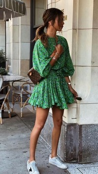 Green Garden Floral Print Tie-waist Ruffle Mini Dress