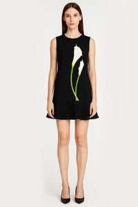 Ivanka Sleeveless Shift Dress with Ruffle Hem in Black