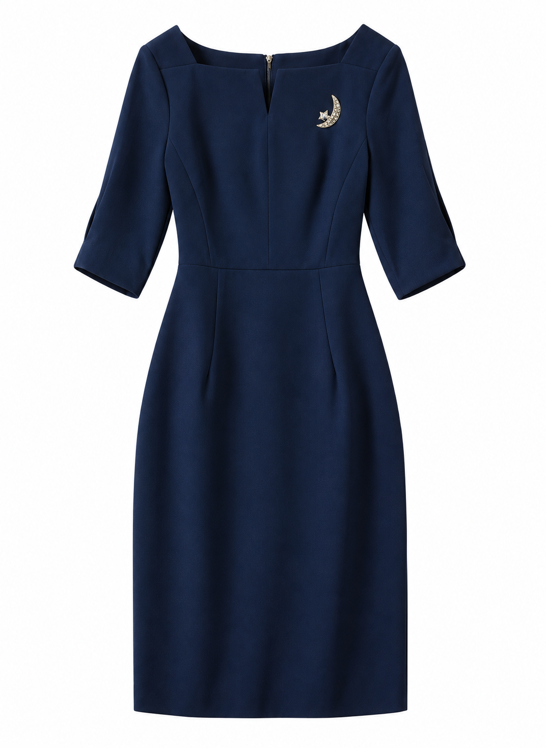 Angelina Jolie Elbow-Sleeve Split-Neck Sheath Dress in Navy