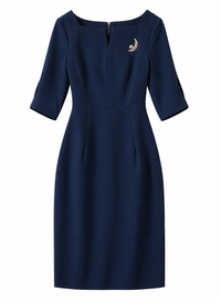 Angelina Jolie Elbow-Sleeve Split-Neck Sheath Dress in Navy