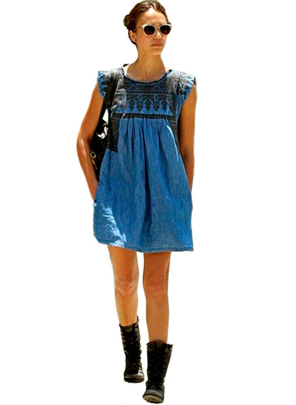 Jessica Embroidered Denim Shift Dress in Blue