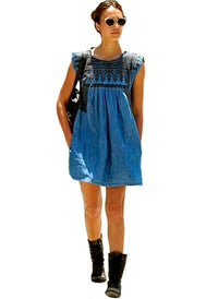 Jessica Embroidered Denim Shift Dress in Blue
