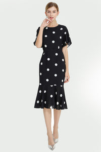 Polka Dot Print Flutter Sleeve Fishtail Midi Dress