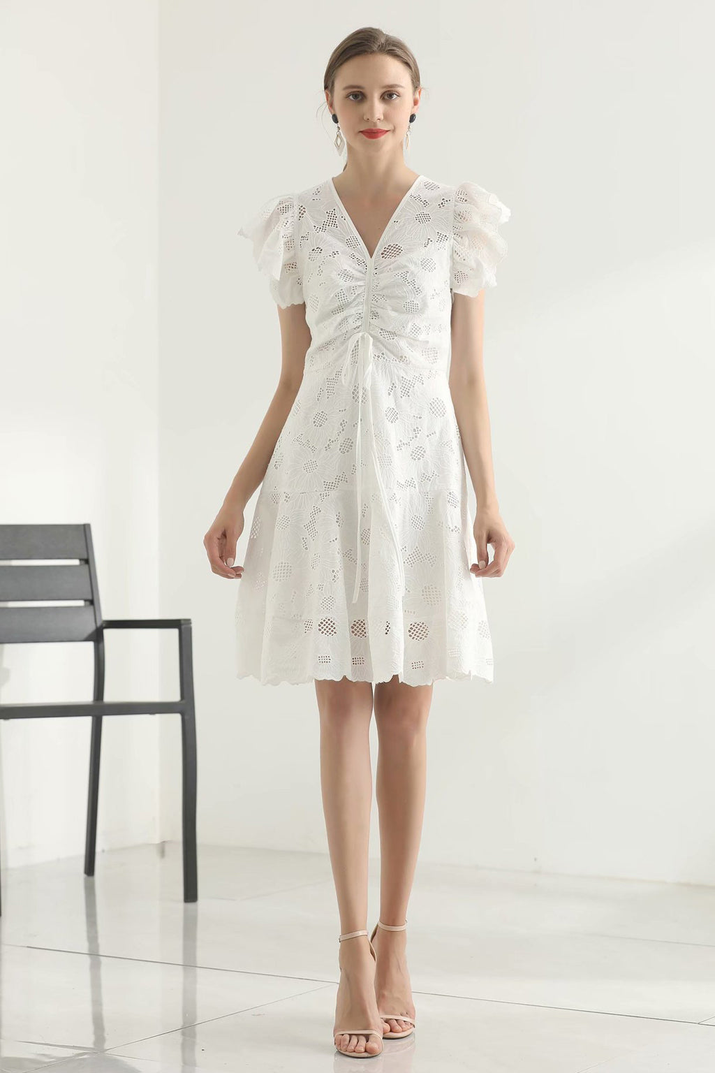 Ruffle Sleeve Embroidery Fit-and-Flare Dress in White