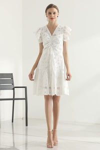 Ruffle Sleeve Embroidery Fit-and-Flare Dress in White