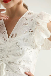 Ruffle Sleeve Embroidery Fit-and-Flare Dress in White