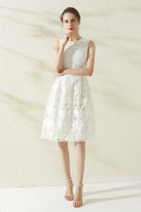 Floral Lace Eyelet Fit-and-Flare Midi Dress in White