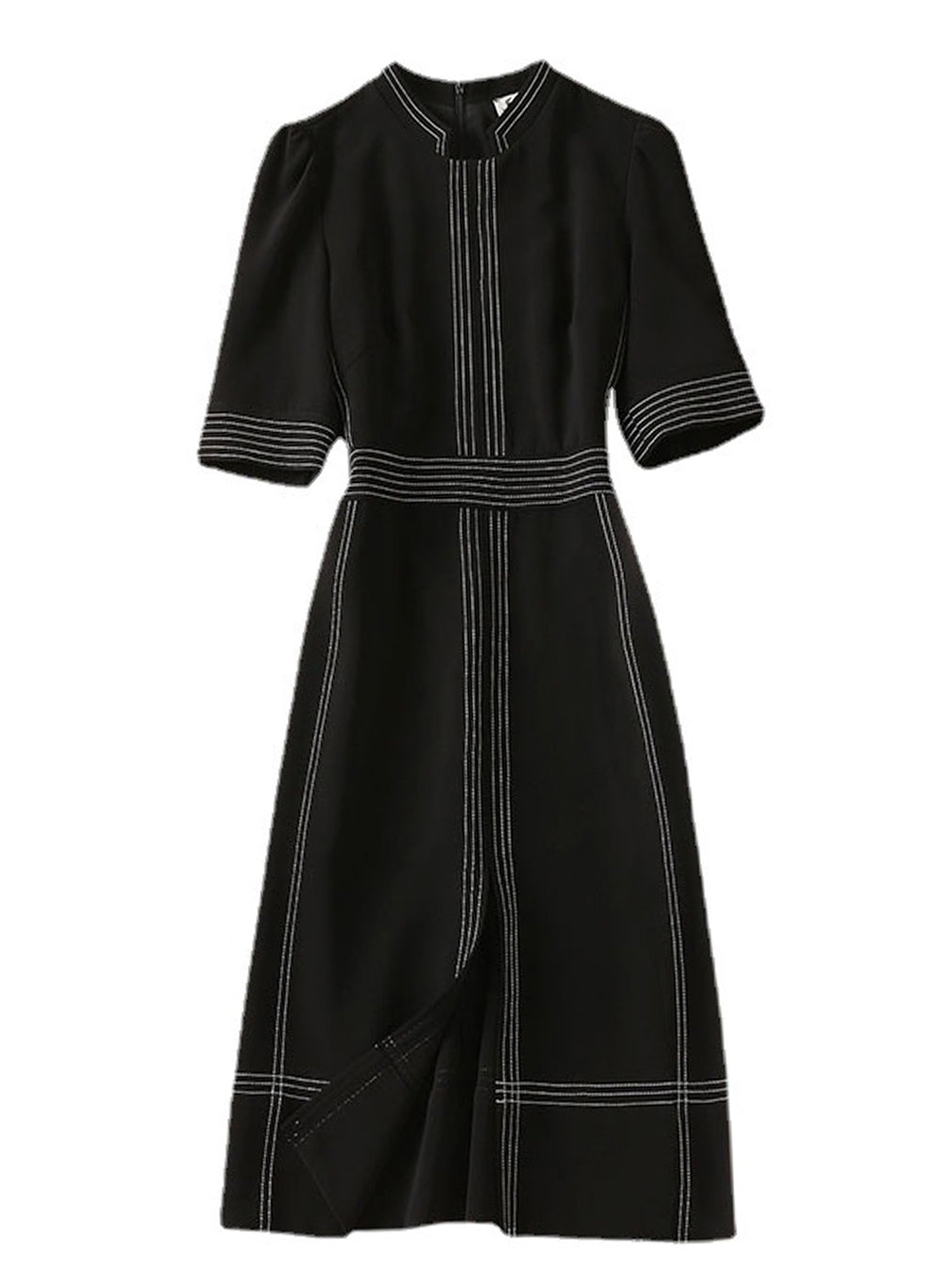 Mandarin Collar Fitted Vintage Midi Tea Dress in Black
