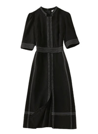 Mandarin Collar Fitted Vintage Midi Tea Dress in Black