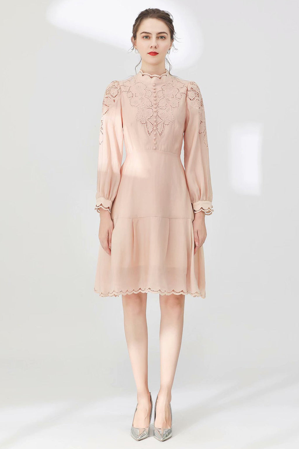 Stand-up Collar Embroidered Eyelet Knee-length Dress