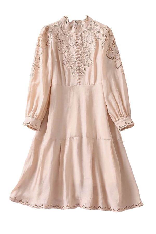 Stand-up Collar Embroidered Eyelet Knee-length Dress