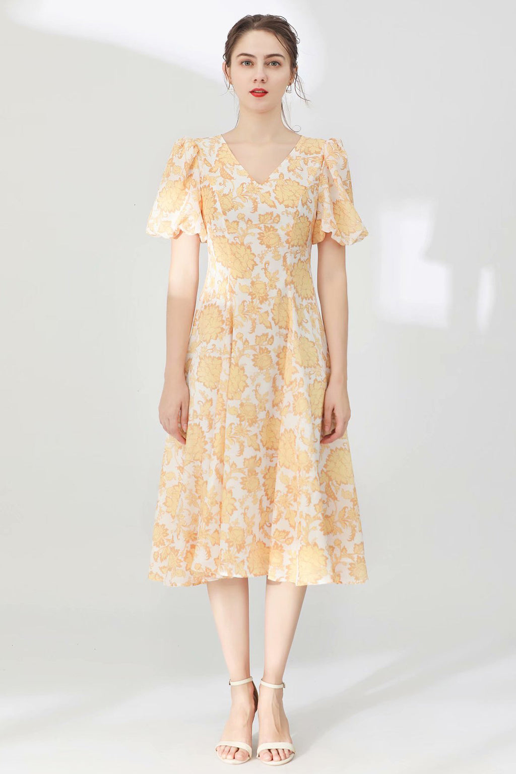 Floral Print V-neck Bubble Sleeve Silk Flared Dress